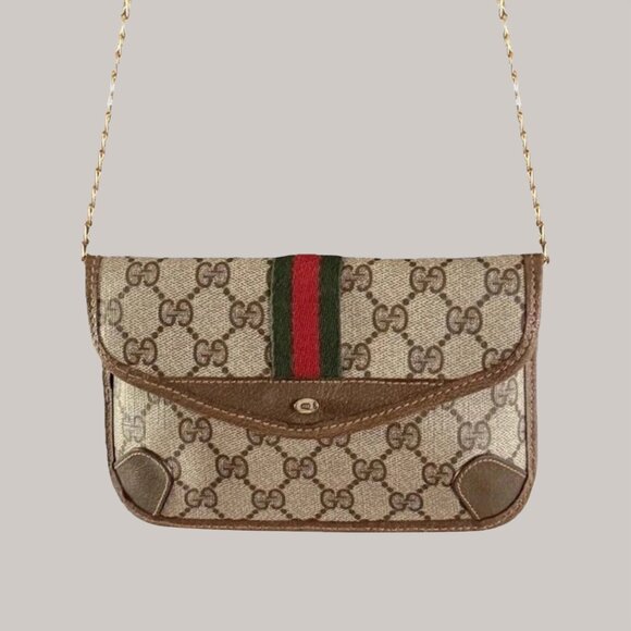 WITH CHAIN EUC Gucci Shirley Line Pouch Beige Logo clutch Crossbody bag handbag - Picture 1 of 10